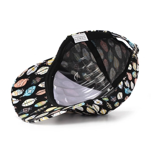 Detail of internal washing label and polyester fabric on feather print baseball cap