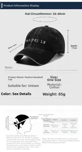 Detailed size chart for cotton baseball cap showing brim depth and head circumference guide