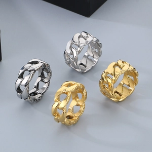Punk style titanium steel Cuban chain link rings in gold and silver metallic finishes
