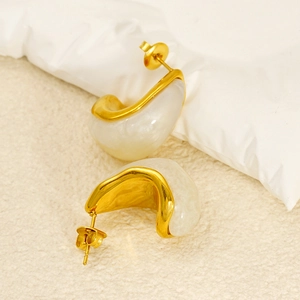 Geometric C-Shape Stud Earrings 18K Gold Plated Stainless Steel With White Marble Textured Resin For Women Elegant