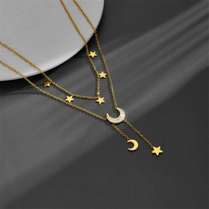 Double-layered titanium steel necklace with gold stars, moon pendants and white shell tassel