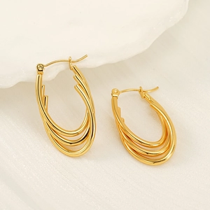 Elegant 18k gold-plated triple-layer oval hoop earrings with secure click-top closure