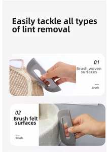 Detail showing pet hair remover brush cleaning stubborn fur on woven and felt surfaces