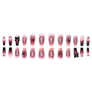 Elegant burgundy gradient press-on nails with 3D black bows and silver rose motifs