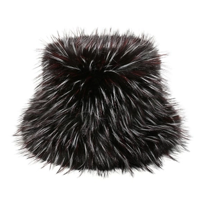 Detail of plush faux fox fur bucket hat with wine red and silver gray gradient tips