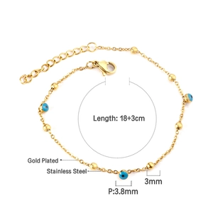 Detail view of gold-plated stainless steel evil eye bracelet with dimension markings