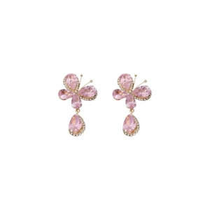 Boucles d'oreilles papillon roses avec zircons et pendentif en cristal chic