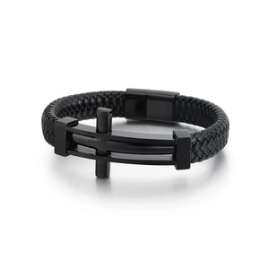 Men's black braided leather bracelet featuring a stainless steel cross and magnetic clasp