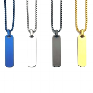 Parallel view of rectangular bar pendant necklaces in blue, silver, gunmetal, and gold