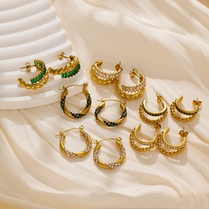 Hoop Earrings Stainless Steel Gold Plated Twisted Rope Baguette Zircon Vintage French Style Fashion Jewelry For Women