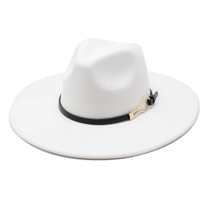 White wool felt jazz hat with wide brim, heart top design and golden metal buckle decoration