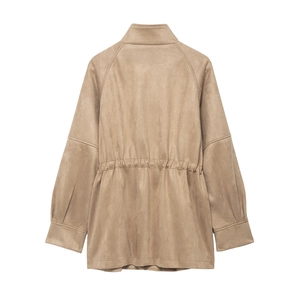 Brown faux suede jacket with drawstring waist and high collar seen from the back view