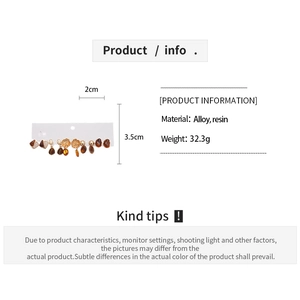 Detailed specs of alloy resin vintage earrings set with size and weight markers