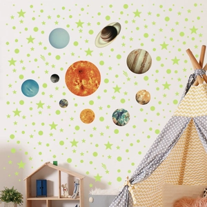 Detailed solar system wall decals with planets and glowing stars on a white background