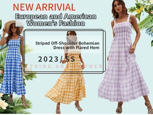 Detail view of colorful gingham bohemian dresses with smocked waist and spaghetti straps