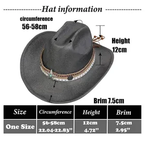 Guide des tailles pour chapeau de cowboy avec tour de tête 56-58cm et bord de 7,5cm