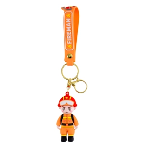 3D cartoon firefighter keychain with orange silicone fire rescue strap and gold ring