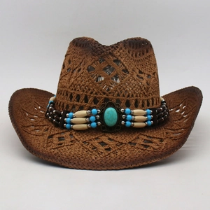 Detailed weave pattern of the brown cowboy hat featuring blue beads and turquoise stone