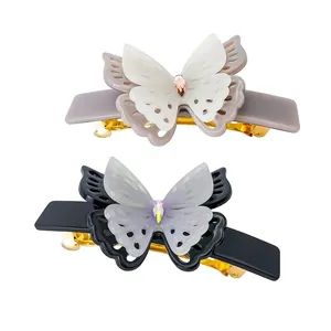 Acetate Double Layer Butterfly Hair Clip With Stainless Steel Metal Base Rhinestone Sparkling Shark Clip For Women Girls Jewelry