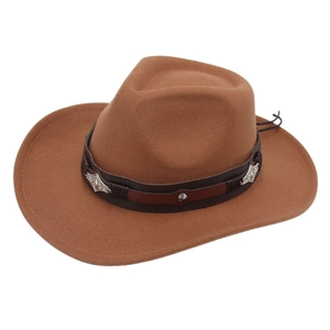 Classic brown western cowboy felt hat with vintage leather band and silver metal buckles