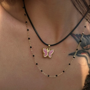 Vintage 18k gold plated butterfly pendant necklace with pink oil drip on black cord
