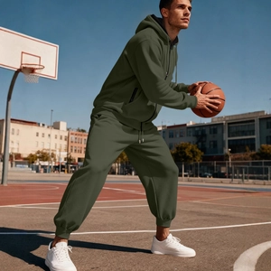 Set felpa con cappuccio e pantaloni in pile verde oliva da uomo per attività sportive