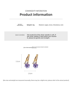 Detailed size chart for purple crystal earrings with dimensions 3.3cm by 1.6cm
