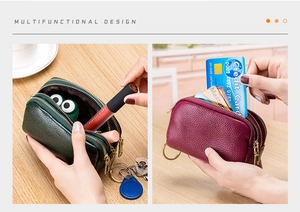 Detailed view of leather coin purses in green and red with multiple compartments