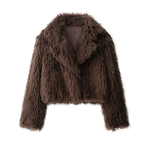 Women's dark brown faux fur crop jacket with soft plush texture on white background