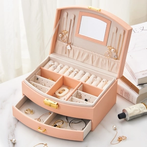 Pink multi-layer PU leather jewelry box with gold lock and built-in vanity mirror