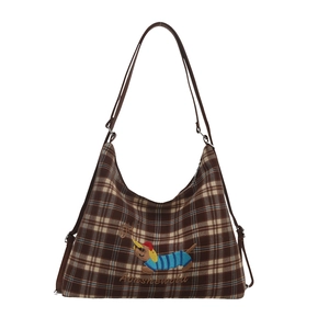 Brown plaid tote bag with dachshund embroidery and adjustable shoulder strap