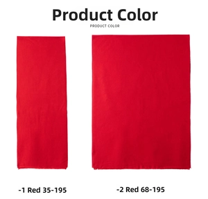 Detailed comparison of red scarf sizes 35x195cm and 68x195cm with fringe edges