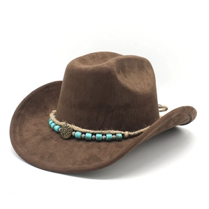 Western Cowboy Hat Faux Suede Ethnic Vintage Wide Brim Sun Hat With Braided Rope Turquoise Beads For Travel