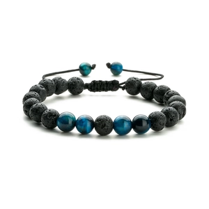Adjustable 8mm blue tiger eye and black lava stone woven bracelet for couples