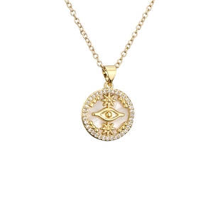 Golden necklace featuring a round mother of pearl pendant with evil eye and zircon star