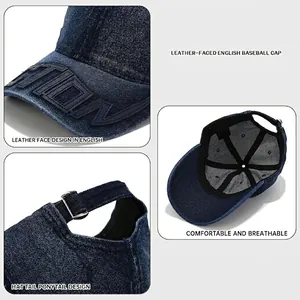 Vintage washed denim baseball cap with leather letter patches and adjustable metal buckle