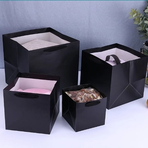 Square black kraft paper gift bags with handles in four sizes for bakery and gift packaging