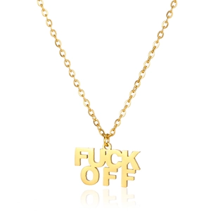 Polished golden FUCK OFF letter pendant necklace with fine O-chain on white background