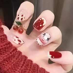Cute Cartoon Cow Red White Polka Dot Press On Nails 3D Cow Head Decoration Short Square Round Artificial Manicure Kit