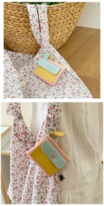 Detail of macaron multicolor mini leather coin purse with metal clasp and chain
