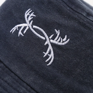 Vintage navy washed cotton bucket hat with white antler embroidery for sun protection