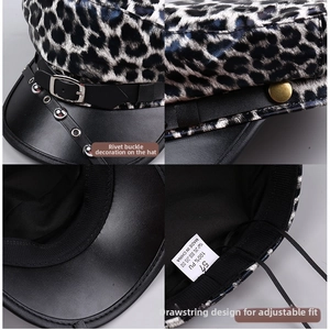 Detail of leopard print beret with adjustable drawstring and silver rivet buckle belt