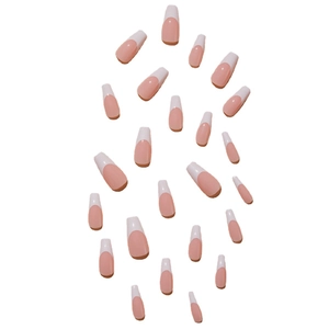 Classic long coffin French tip press-on nails with pink base and white edges set
