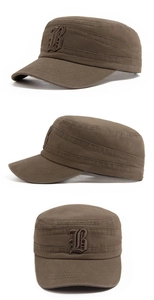 Detail of dark brown cotton cadet cap with 3D letter B embroidery and stitching