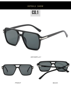 Detailed view of black square double-bridge sunglasses with silver metal accents