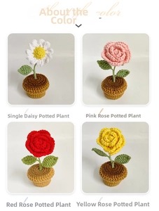 Detail of crochet potted flowers showing daisy and roses with intricate hand-knitted texture
