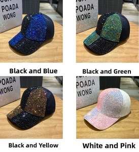 Collage of glitter baseball caps in black-blue, green, gold, and white-pink rhinestone