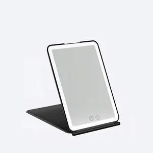 Portable folding LED travel makeup mirror with three-color light and touch dimming black