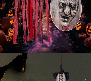 Macro view of glowing red eyes and creepy white hair on a hanging Halloween witch ghost