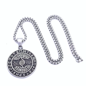 Detailed view of Viking Tree of Life pendant with runic alphabet on a steel box chain